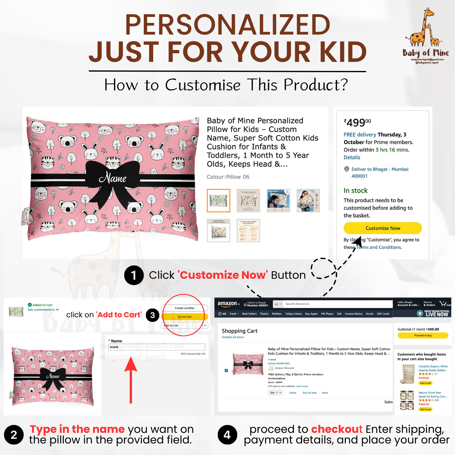 Baby of Mine Premium Baby Infant Pillow for Kids Age 1 Year To 5 Years - Imported Super Soft Fabric - Animal Face Print