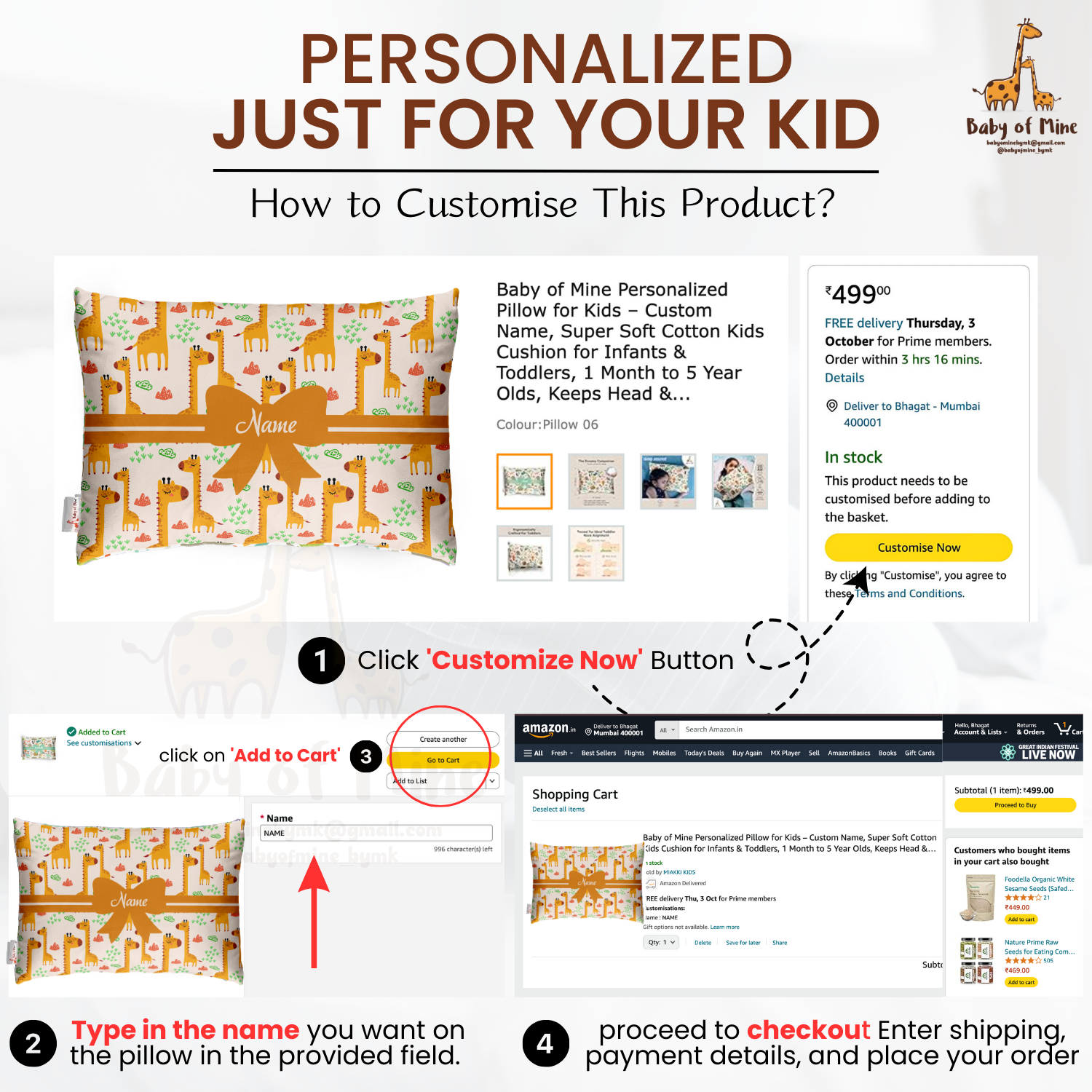 Baby of Mine Premium Baby Infant Pillow for Kids Age 1 Year To 5 Years - Imported Super Soft Fabric - Giraffe Print