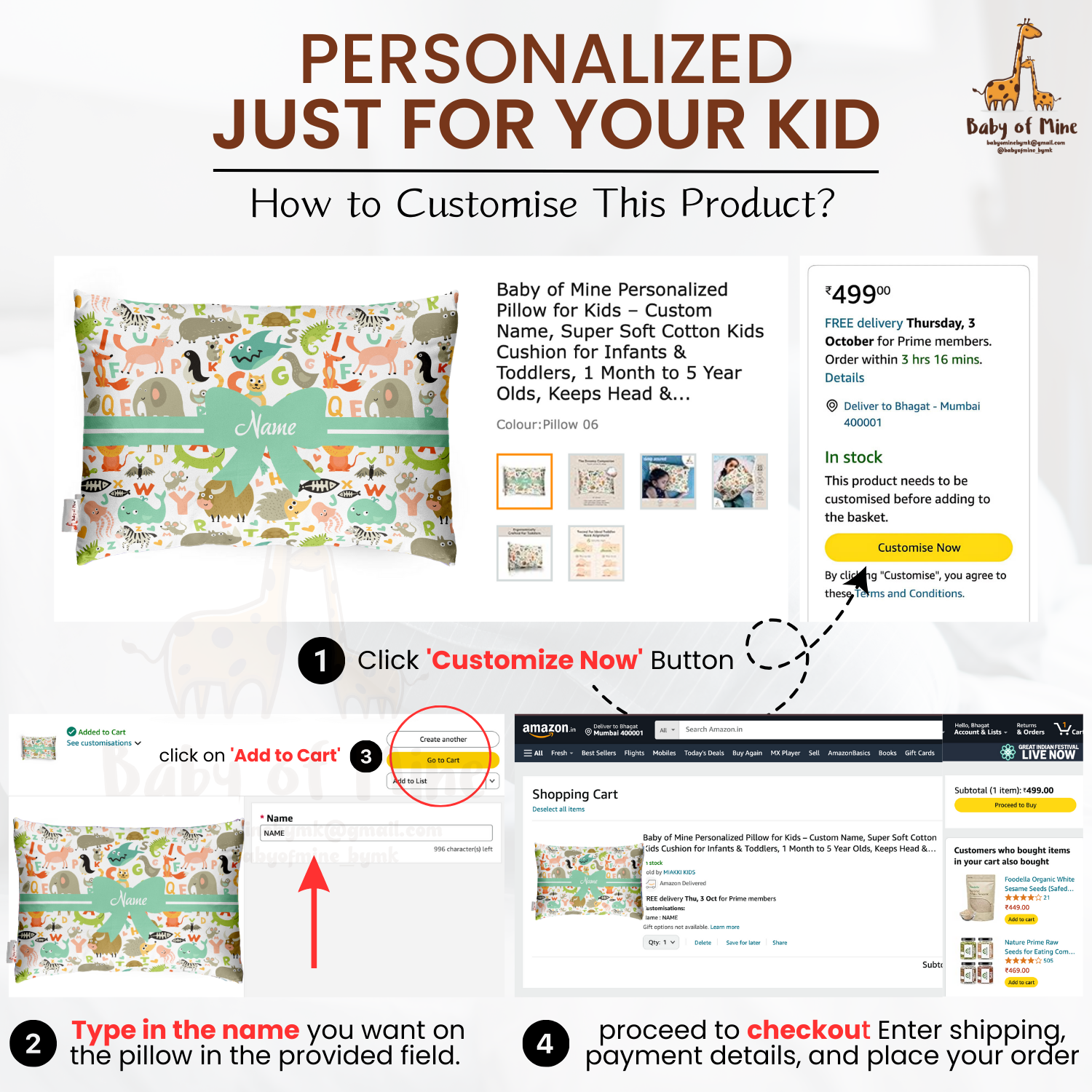 Baby of Mine Premium Baby Infant Pillow for Kids Age 1 Year To 5 Years - Imported Super Soft Fabric - Animal Letters Print