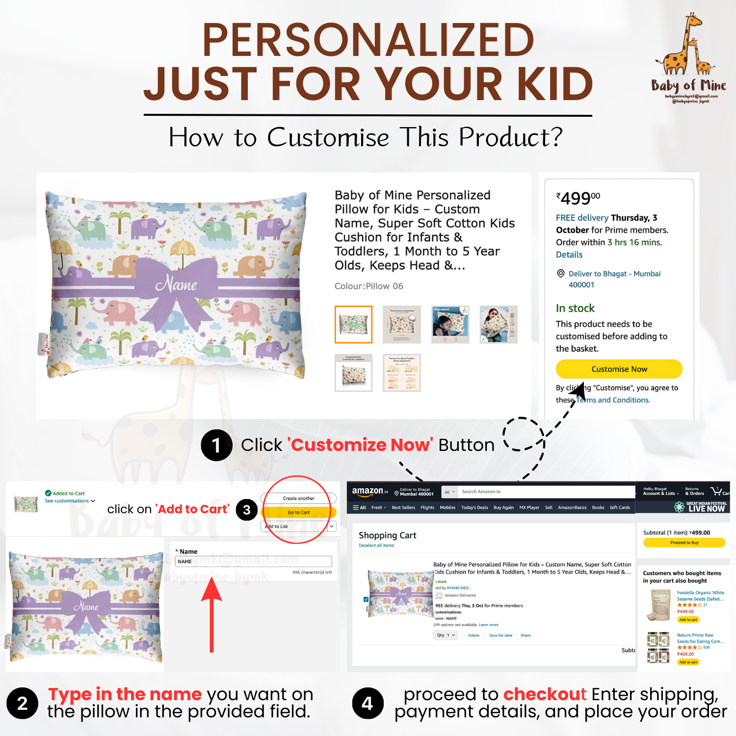 Baby of Mine Premium Baby Infant Pillow for Kids Age 1 Year To 5 Years - Imported Super Soft Fabric - Colourfull Elephant Print