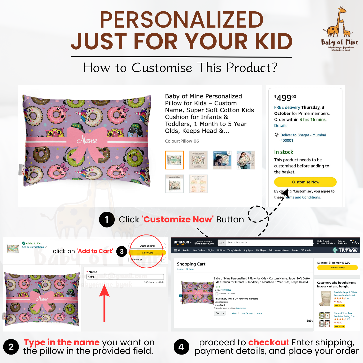 Baby of Mine Premium Baby Infant Pillow for Kids Age 1 Year To 5 Years - Imported Super Soft Fabric - Funky Donut Print