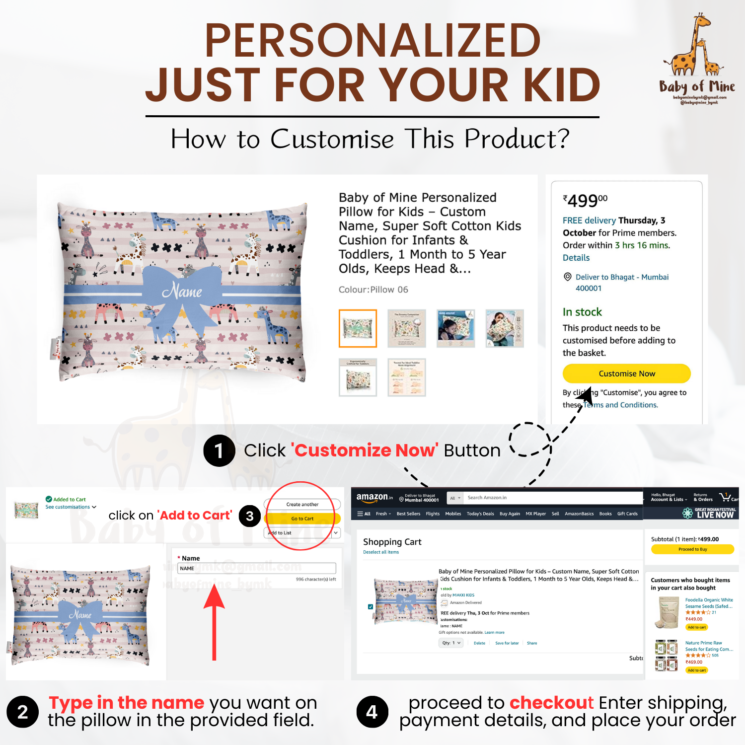 Baby of Mine Premium Baby Infant Pillow for Kids Age 1 Year To 5 Years - Imported Super Soft Fabric - Baby Giraffe Print