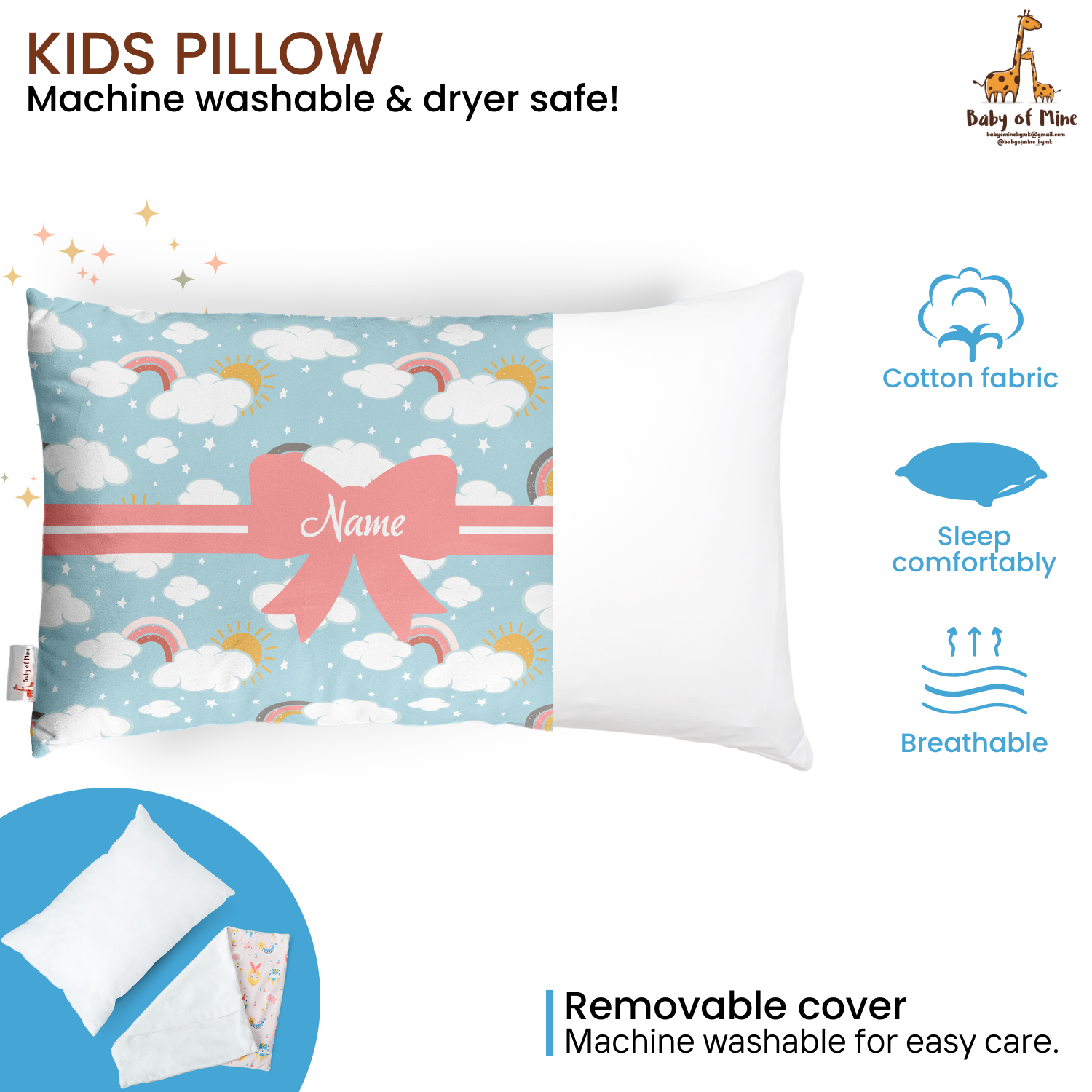 Baby of Mine Premium Baby Infant Pillow for Kids Age 1 Year To 5 Years - Imported Super Soft Fabric - Blue Rainbow Cloud Print
