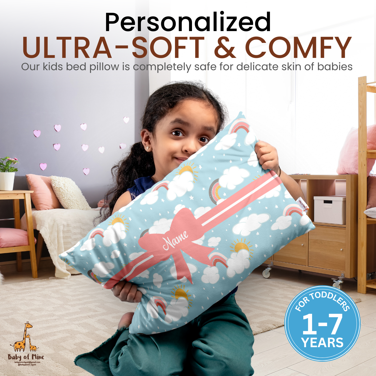 Baby of Mine Premium Baby Infant Pillow for Kids Age 1 Year To 5 Years - Imported Super Soft Fabric - Blue Rainbow Cloud Print