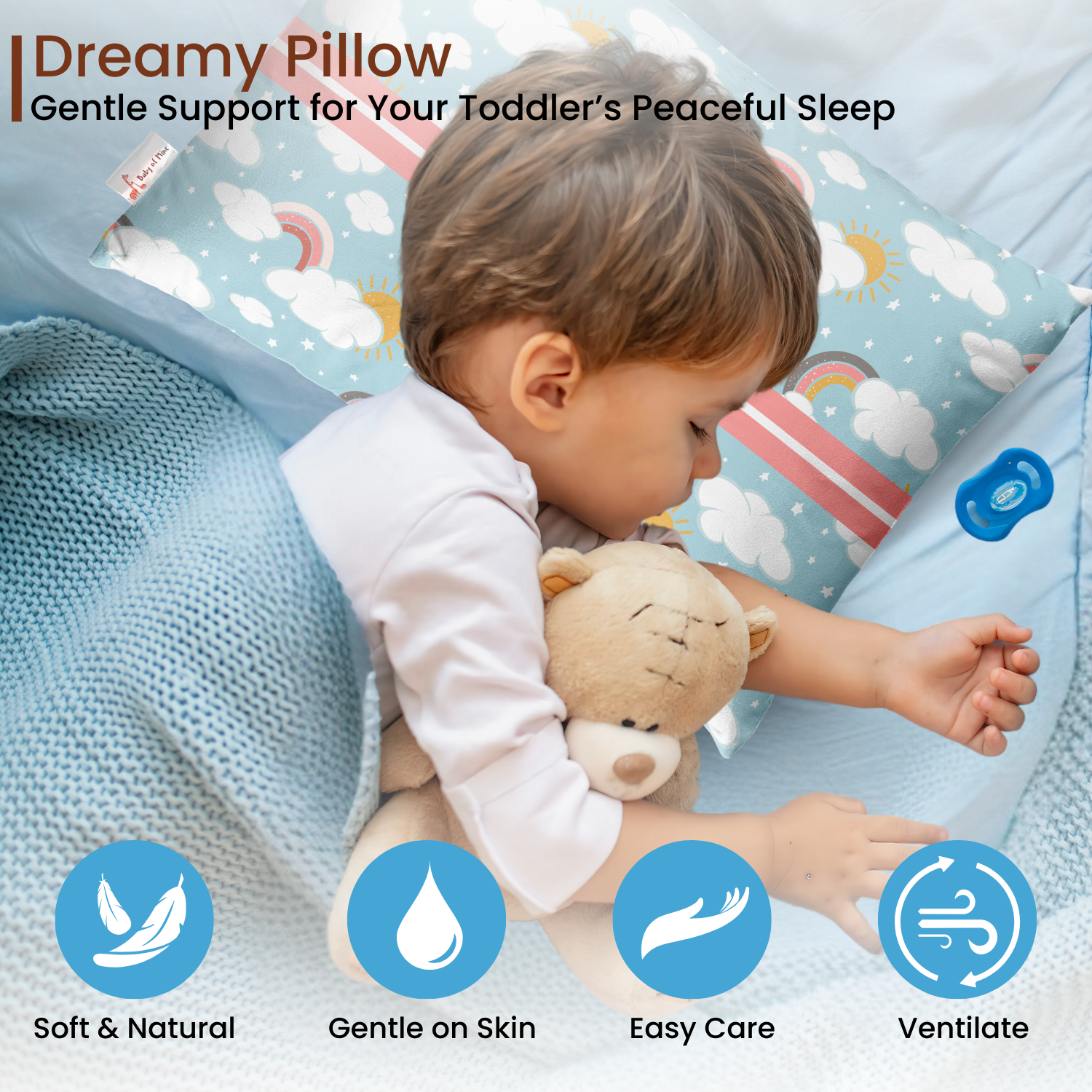 Baby of Mine Premium Baby Infant Pillow for Kids Age 1 Year To 5 Years - Imported Super Soft Fabric - Blue Rainbow Cloud Print