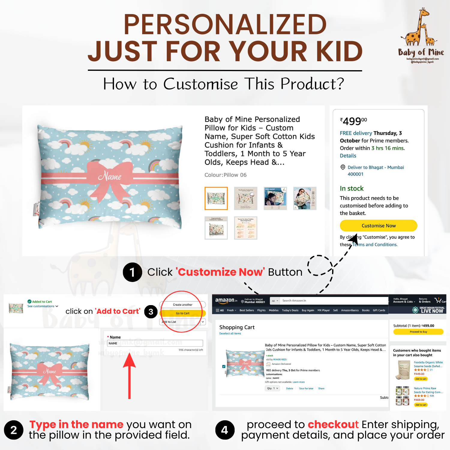 Baby of Mine Premium Baby Infant Pillow for Kids Age 1 Year To 5 Years - Imported Super Soft Fabric - Blue Rainbow Cloud Print