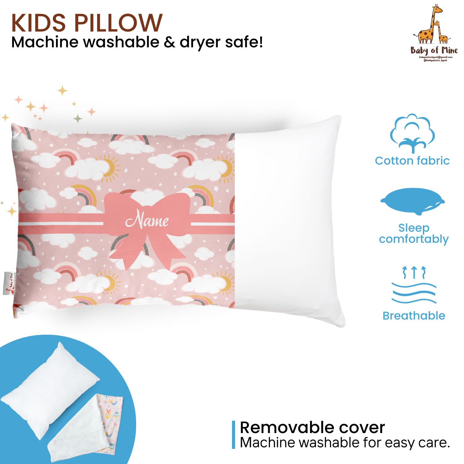 Baby of Mine Premium Baby Infant Pillow for Kids Age 1 Year To 5 Years - Imported Super Soft Fabric - Pink Rainbow Cloud Print