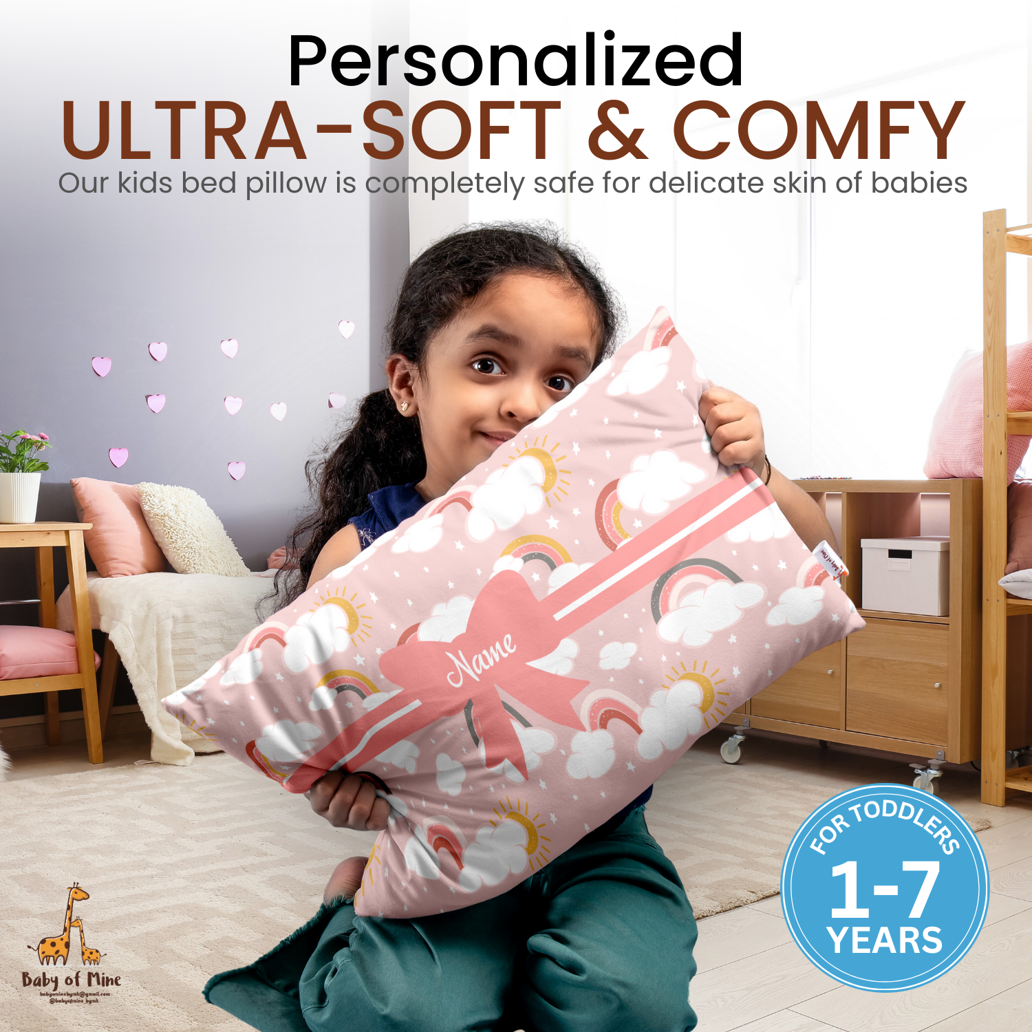 Baby of Mine Premium Baby Infant Pillow for Kids Age 1 Year To 5 Years - Imported Super Soft Fabric - Pink Rainbow Cloud Print