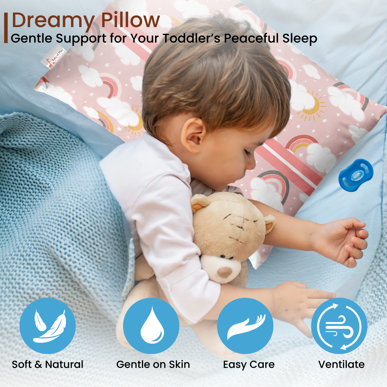 Baby of Mine Premium Baby Infant Pillow for Kids Age 1 Year To 5 Years - Imported Super Soft Fabric - Pink Rainbow Cloud Print