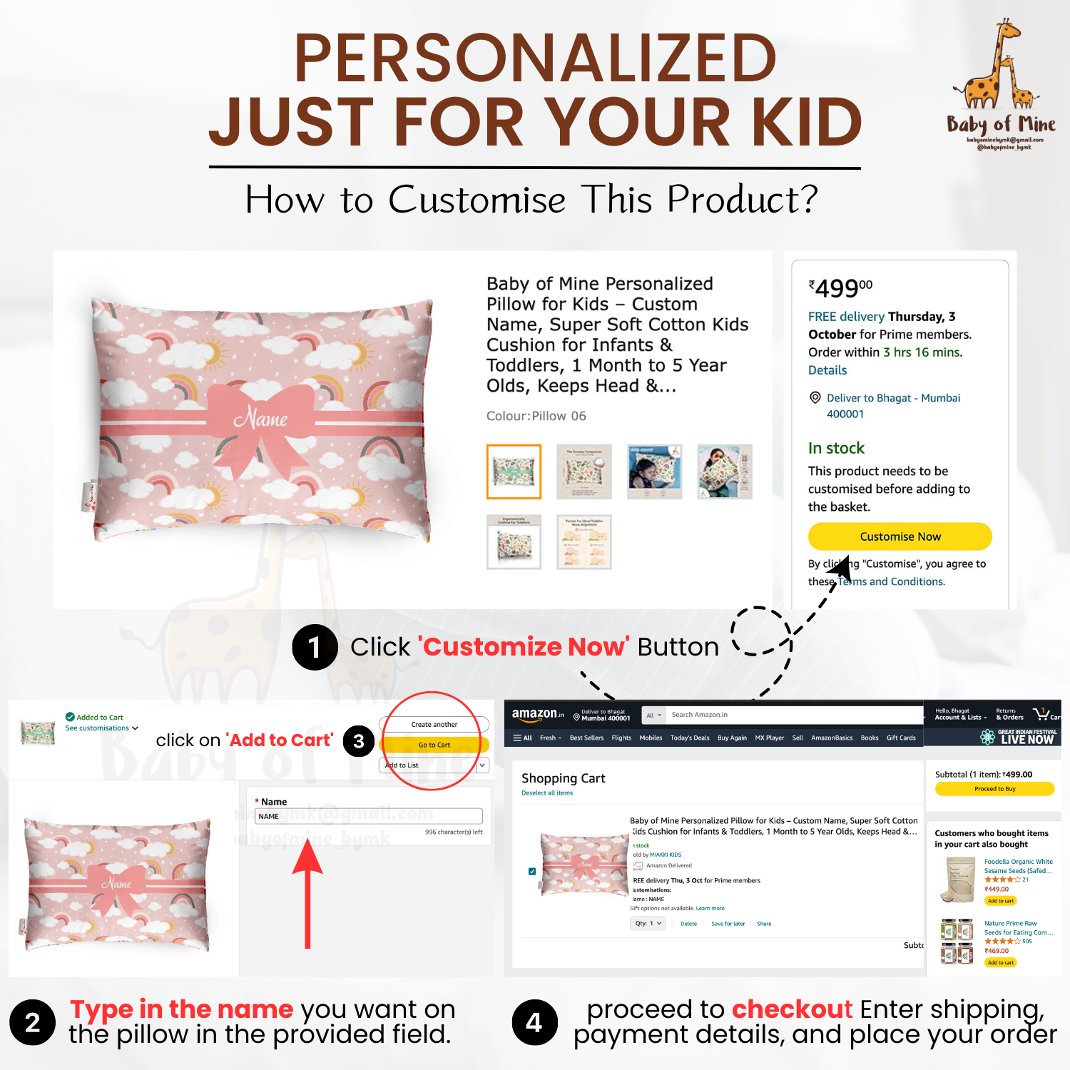 Baby of Mine Premium Baby Infant Pillow for Kids Age 1 Year To 5 Years - Imported Super Soft Fabric - Pink Rainbow Cloud Print