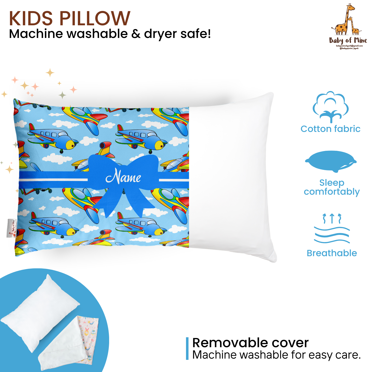 Baby of Mine Premium Baby Infant Pillow for Kids Age 1 Year To 5 Years - Imported Super Soft Fabric - Sky Planes Print