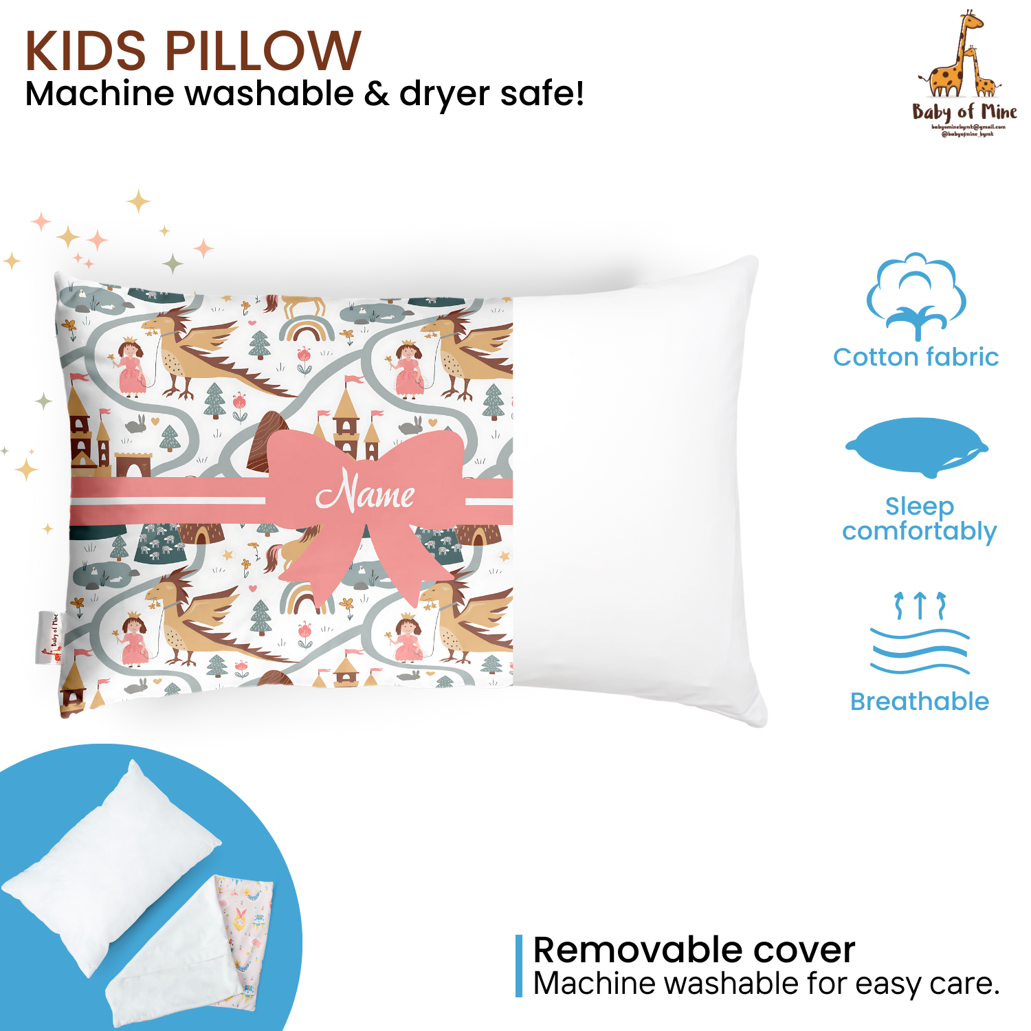 Baby of Mine Premium Baby Infant Pillow for Kids Age 1 Year To 5 Years - Imported Super Soft Fabric - Princess Dragon Print