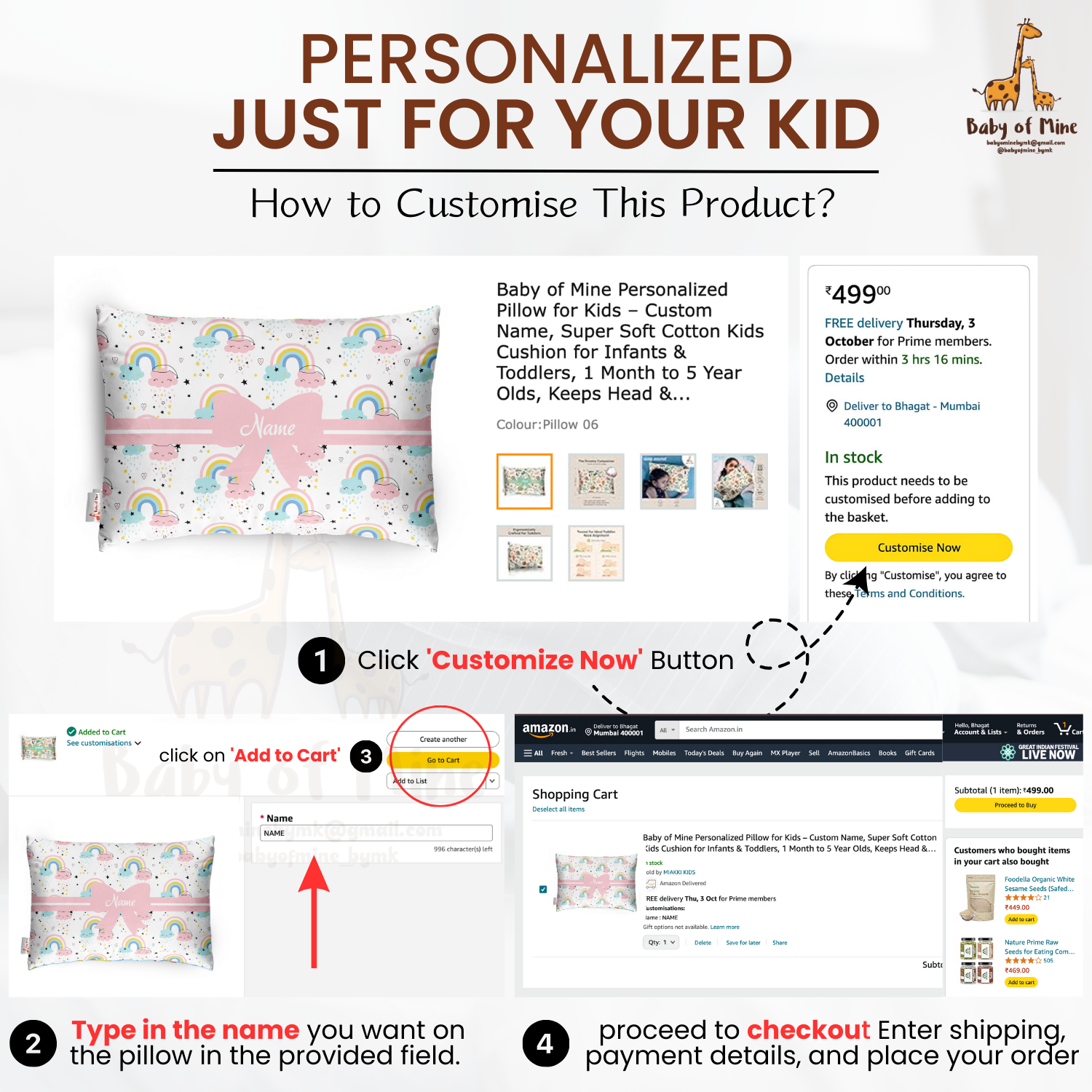 Baby of Mine Premium Baby Infant Pillow for Kids Age 1 Year To 5 Years - Imported Super Soft Fabric - Glitter Rainbow Print