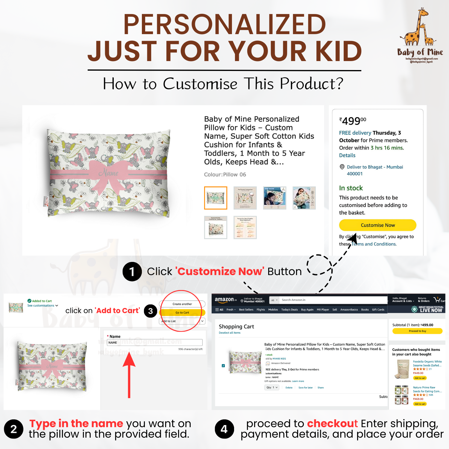 Baby of Mine Premium Baby Infant Pillow for Kids Age 1 Year To 5 Years - Imported Super Soft Fabric - Baby Elephant Print