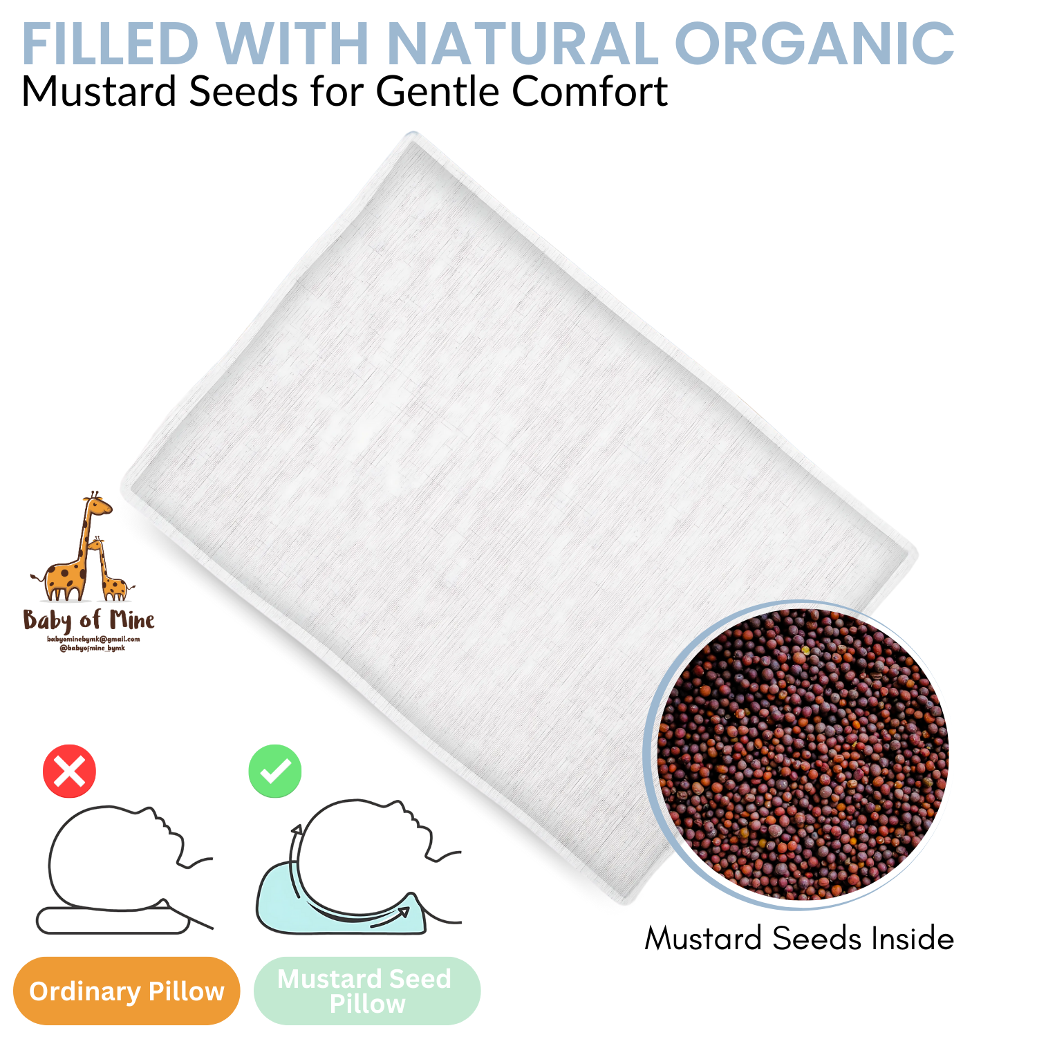 Baby of Mine Rai Mustard Seed Pillow for New Born Baby Round Head Shaping Pillow 0 to 12 Months Refillable Mustard Seed Pillow - Cute Animal Face