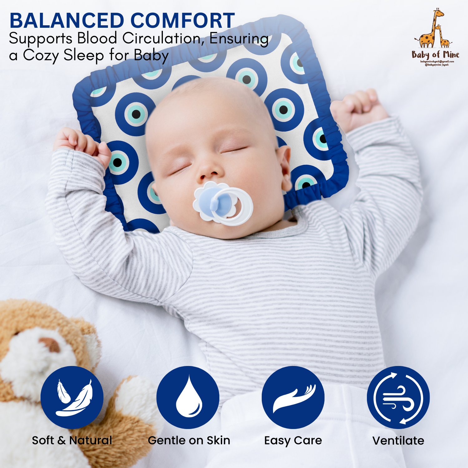 Baby of Mine Rai Mustard Seed Pillow for New Born Baby Round Head Shaping Pillow 0 to 12 Months Refillable Mustard Seed Pillow - Evil Eye