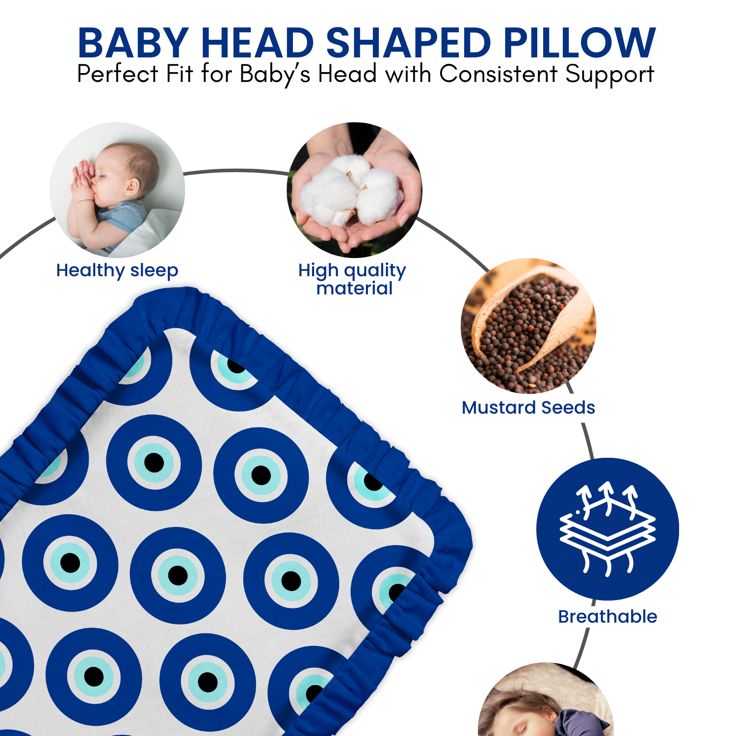 Baby of Mine Rai Mustard Seed Pillow for New Born Baby Round Head Shaping Pillow 0 to 12 Months Refillable Mustard Seed Pillow - Evil Eye