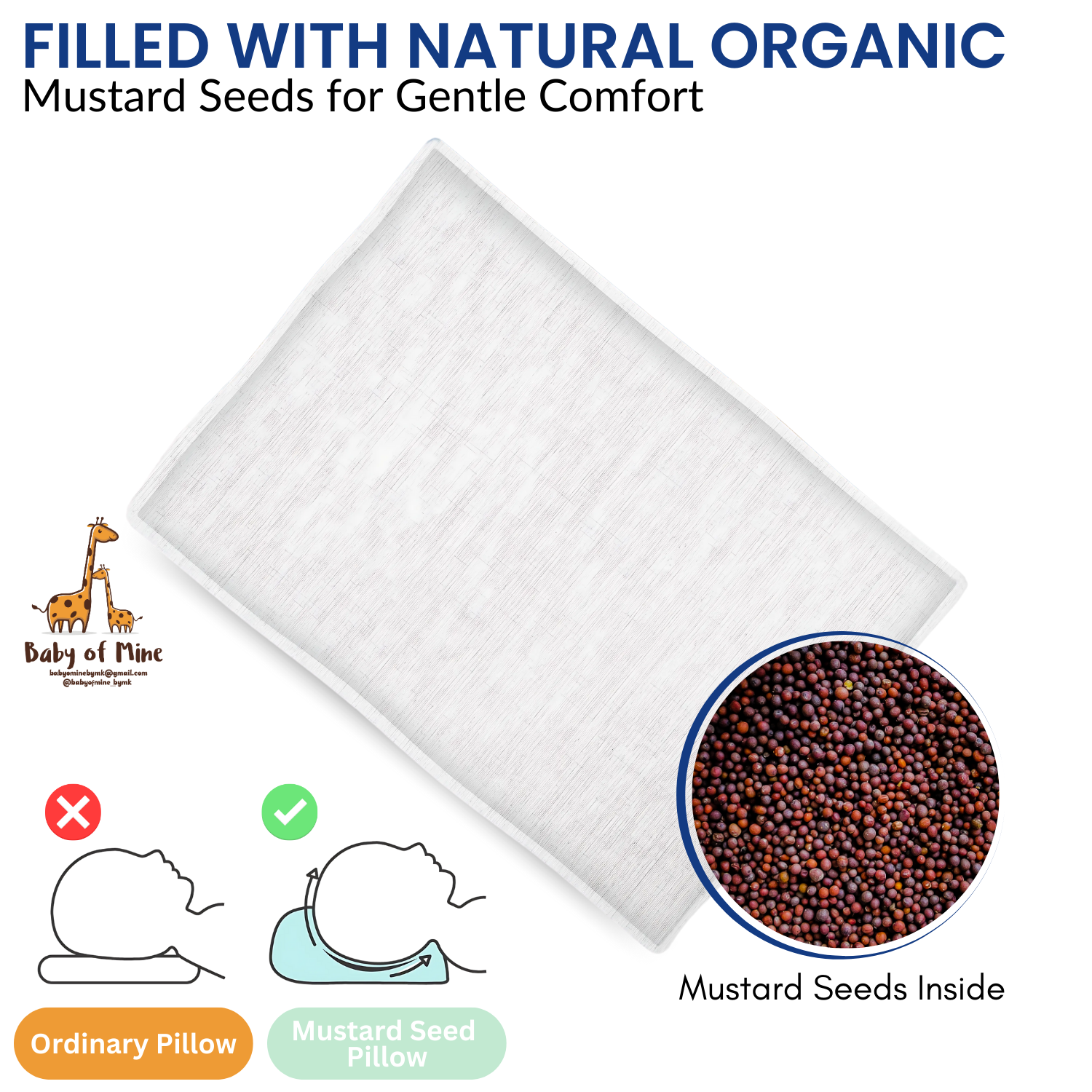 Baby of Mine Rai Mustard Seed Pillow for New Born Baby Round Head Shaping Pillow 0 to 12 Months Refillable Mustard Seed Pillow - Evil Eye