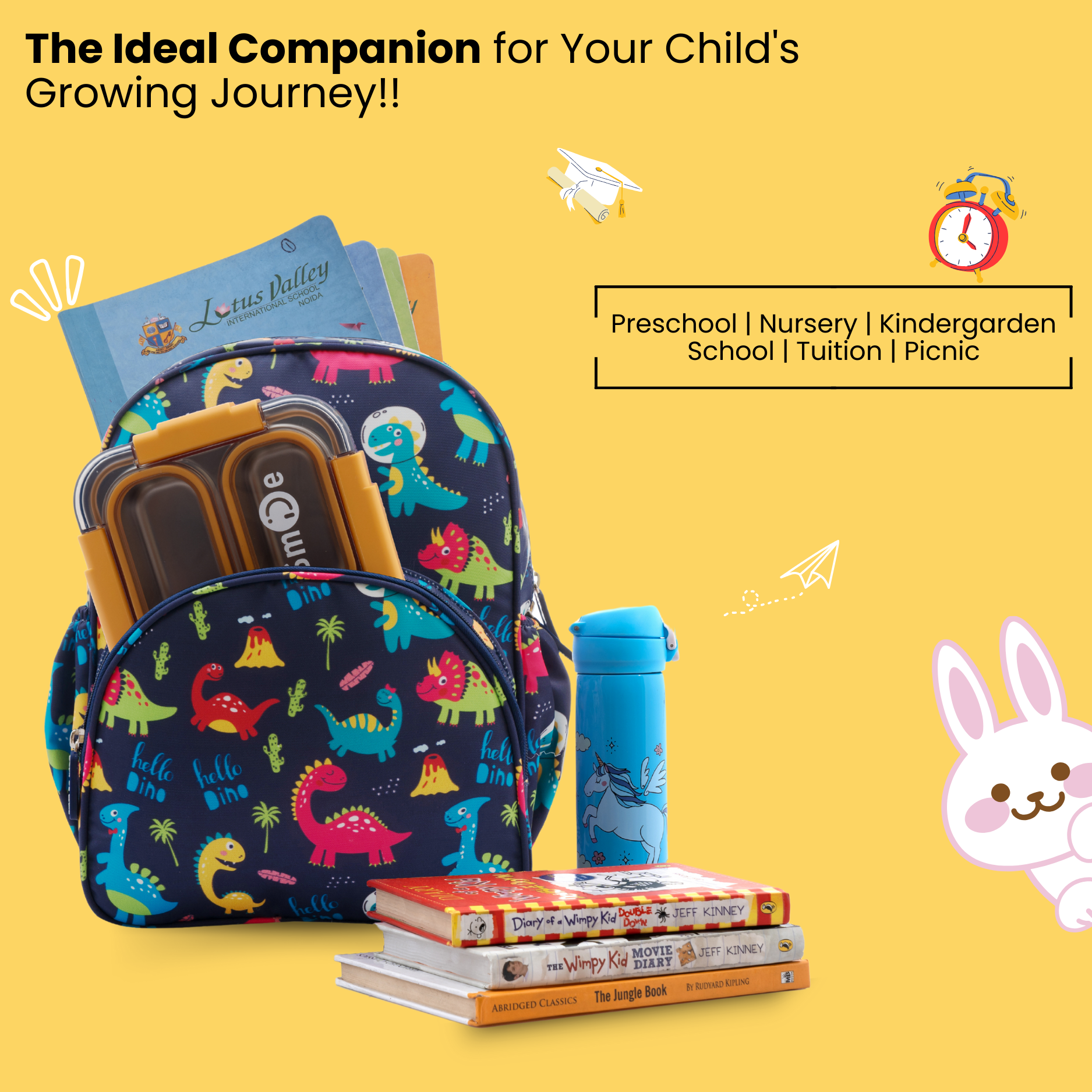 Baby of Mine Preschool Hello Dinosaur Print School Bag for Kids (2-5 Years) | Trendy Backpack for Boys & Girls | Ideal for Preschool, Nursery, Kindergarten, School, Picnic, and Travel | 13-Inch, 15L