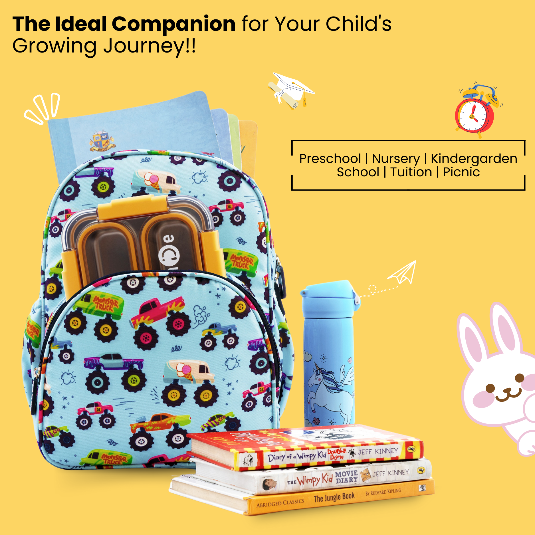 Baby of Mine Preschool Monster Truck Print School Bag for Kids (2-5 Years) | Trendy Backpack for Boys & Girls | Ideal for Preschool, Nursery, Kindergarten, School, Picnic, and Travel | 13-Inch, 15L