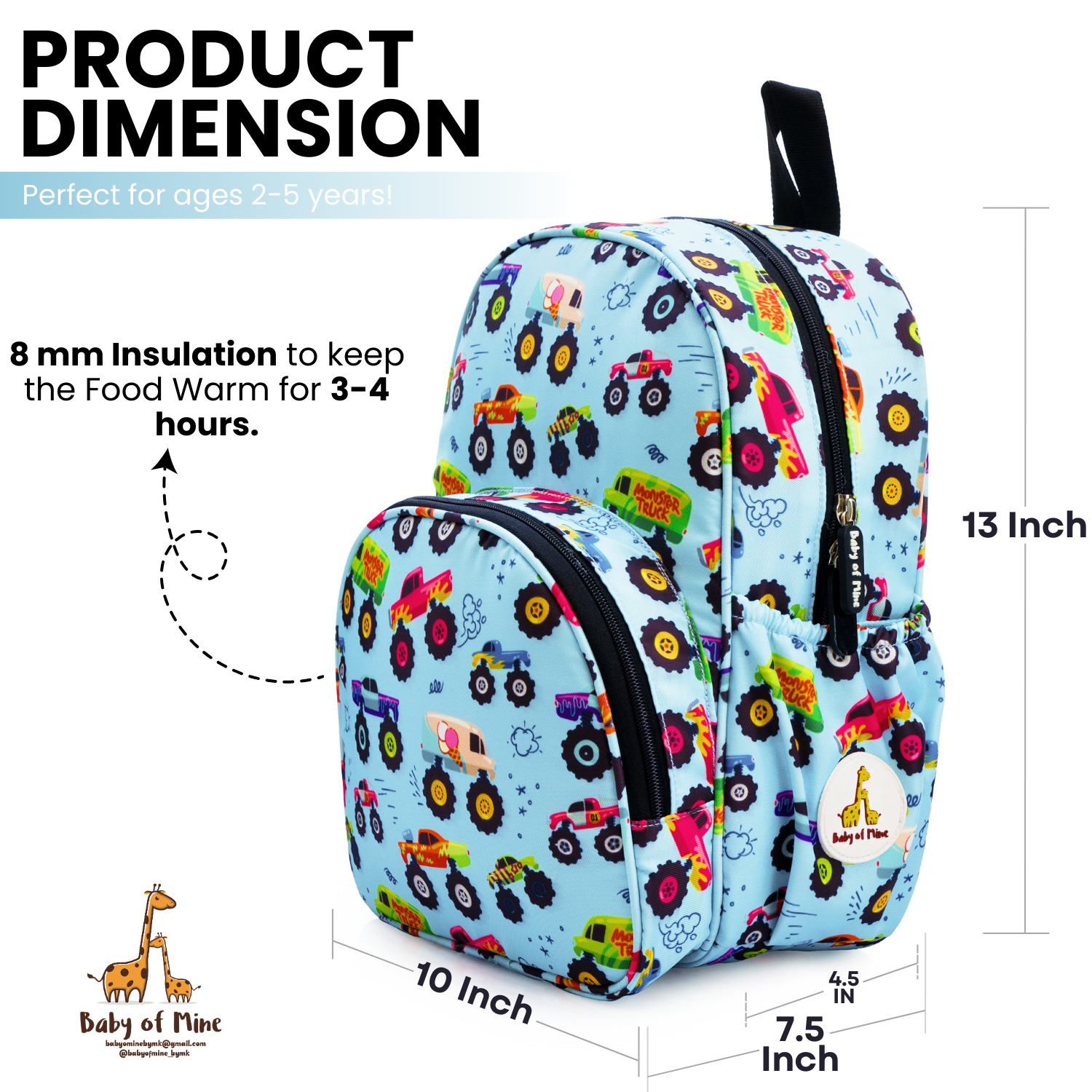 Baby of Mine Preschool Monster Truck Print School Bag for Kids (2-5 Years) | Trendy Backpack for Boys & Girls | Ideal for Preschool, Nursery, Kindergarten, School, Picnic, and Travel | 13-Inch, 15L