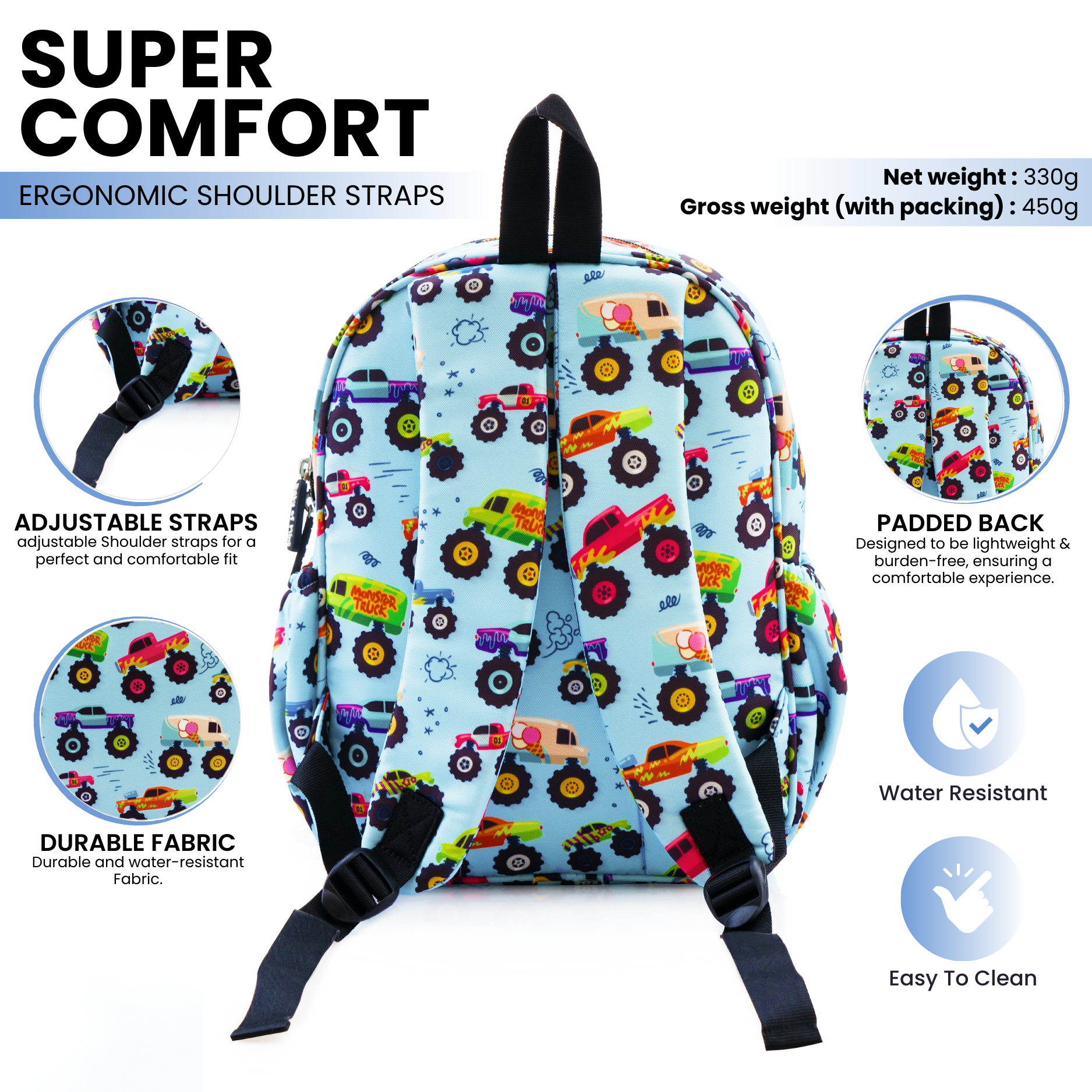 Baby of Mine Preschool Monster Truck Print School Bag for Kids (2-5 Years) | Trendy Backpack for Boys & Girls | Ideal for Preschool, Nursery, Kindergarten, School, Picnic, and Travel | 13-Inch, 15L