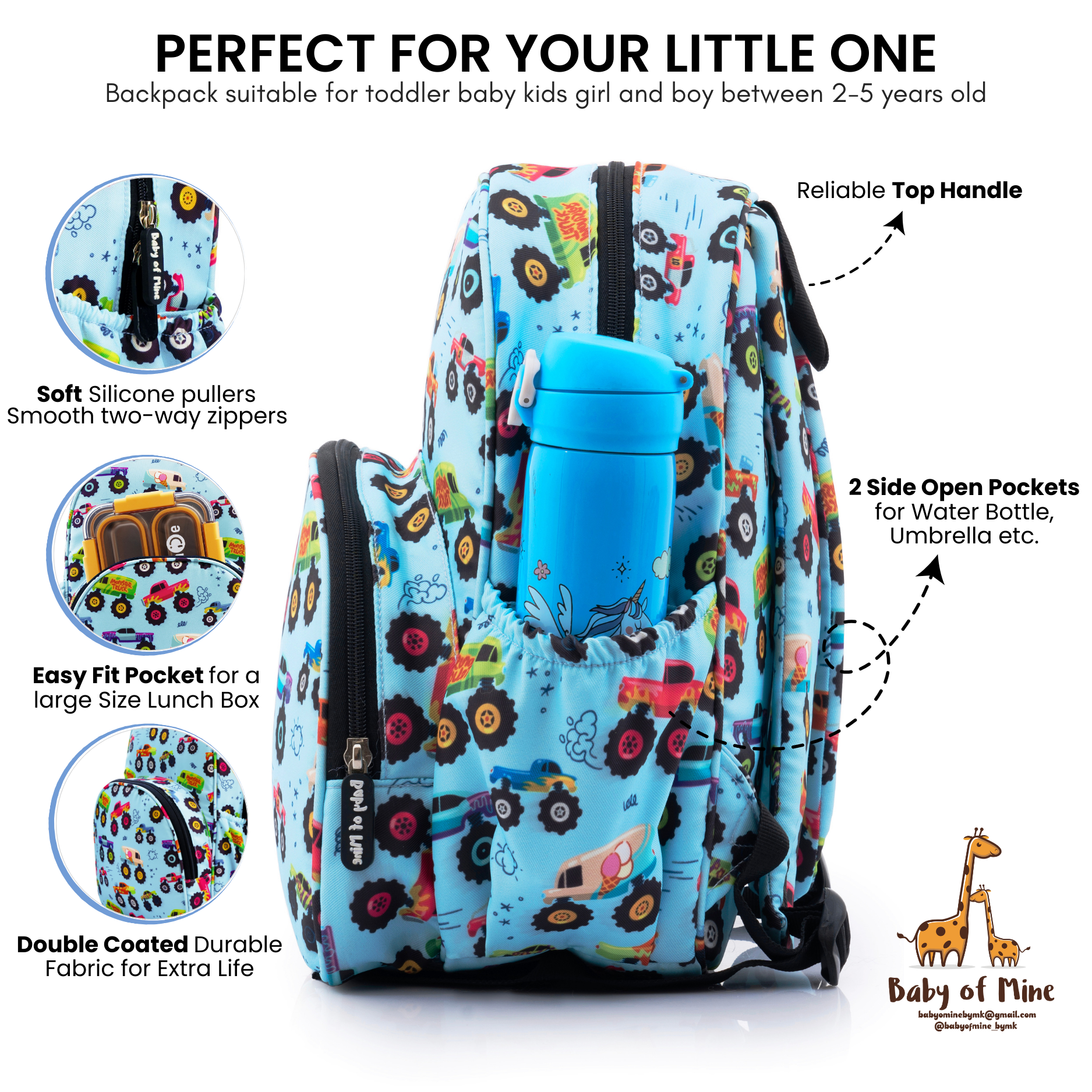 Baby of Mine Preschool Monster Truck Print School Bag for Kids (2-5 Years) | Trendy Backpack for Boys & Girls | Ideal for Preschool, Nursery, Kindergarten, School, Picnic, and Travel | 13-Inch, 15L