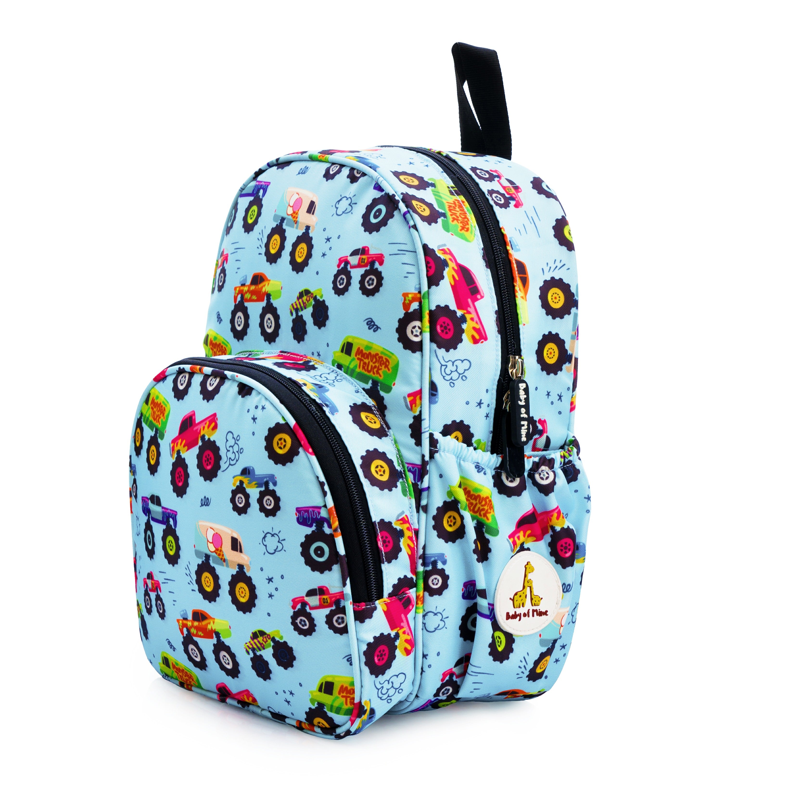 Baby of Mine Preschool Monster Truck Print School Bag for Kids (2-5 Years) | Trendy Backpack for Boys & Girls | Ideal for Preschool, Nursery, Kindergarten, School, Picnic, and Travel | 13-Inch, 15L