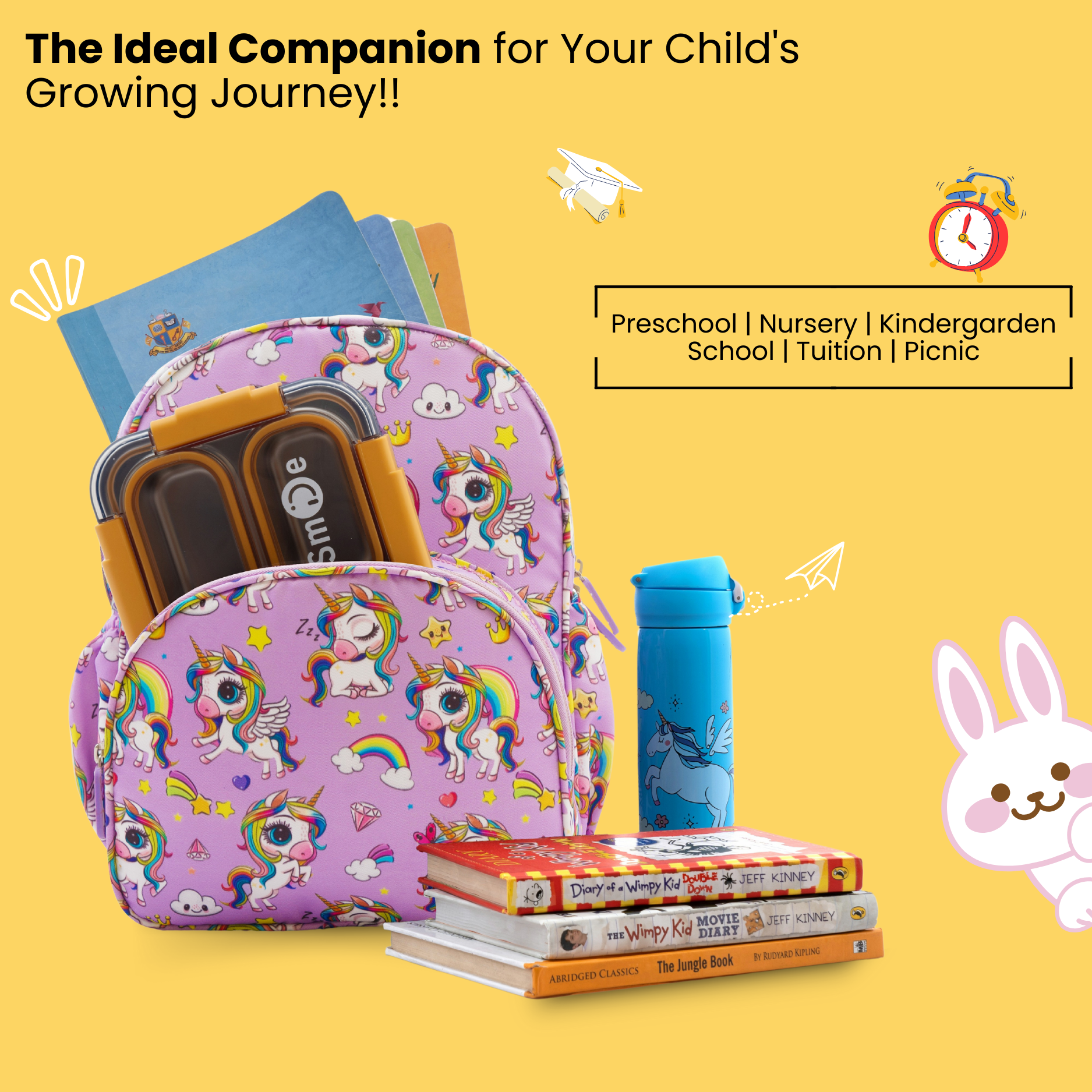 Baby of Mine Preschool Rainbow Unicorn Print School Bag for Kids (2-5 Years) | Trendy Backpack for Boys & Girls | Ideal for Preschool, Nursery, Kindergarten, School, Picnic, and Travel | 13-Inch, 15L